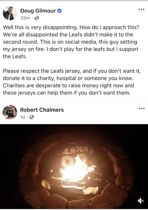 A social media post from Doug Gilmour regarding his jersey being burned.