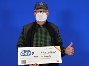 Toronto retiree Hans Lofgreen won the top prize of $4,437,083.40 in the May 22, 2021, Lotto 6/49 draw.
