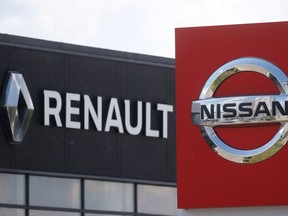 The logos of car manufacturers Nissan and Renault are pictured at a dealership Kyiv, Ukraine June 25, 2020.