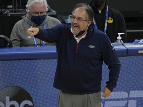 New Orleans Pelicans coach Stan Van Gundy yells to his players during the first half against the Golden State on Friday, May 14, 2021, in San Francisco.