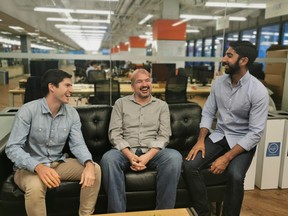 Properly, which launched in 2018, was founded by Anshul Ruparell, right, 
Craig Dunk, centre, and Sheldon McCormick.SUPPLIED