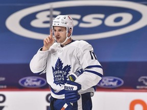 Zach Hyman of the Toronto Maple Leafs looks on against the Montreal Canadiens during the first period at the Bell Centre on February 10, 2021 in Montreal, Canada.