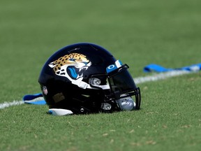 A Jacksonville Jaguars helmet as seen during Jacksonville Jaguars Mandatory Minicamp at TIAA Bank Field on June 15, 2021 in Jacksonville, Florida.