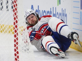 Canadiens' Josh Anderson, wincing in pain after crashing into the goalpost in the third period last night, scored two OT winners for the Habs in these playoffs.