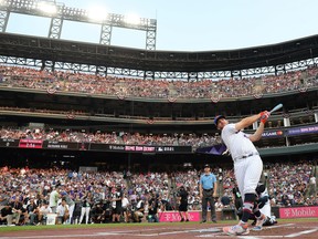 Pete Alonso #20 of the New York Mets bats during the 2021 T-Mobile Home Run Derby at Coors Field on July 12, 2021 in Denver, Colorado.