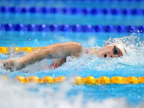 TOKYO, JAPAN - JULY 24: Penny Oleksiak of Team Canada competes in heat two of the Women's 4 x 100m Freestyle Relay on day one of the Tokyo 2020 Olympic Games at Tokyo Aquatics Centre on July 24, 2021 in Tokyo, Japan.