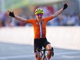 Annemiek van Vleuten of Team Netherlands celebrates crosses the finishing line, thinking that she won the gold. July 25, 2021 in Oyama, Shizuoka, Japan.