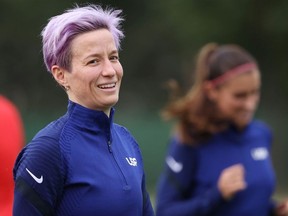 Megan Rapinoe of Team United States smiles during a training session on day 3 of the Tokyo Olympic Games at Nakata Sports Center on July 26, 2021 in Chiba, Chiba, Japan.