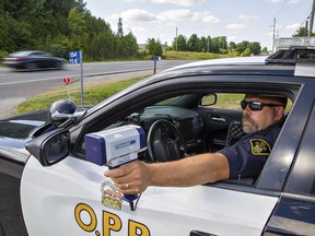 A constable with Brant OPP conducts speed enforcement on Hwy. 24 on Aug. 20, 2020.