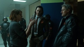 Kate Herron directs Tom Hiddleston and Owen Wilson on the set of Loki.