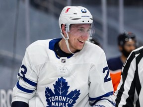 Toronto Maple Leafs’ Travis Dermott (23) reacts during third period NHL action at Rogers Place in Edmonton, on March 1, 2021.