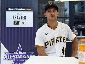 Adam Frazier of the Pittsburgh Pirates speaks to the media during the All-Star Workout Day at Coors Field on July 12, 2021 in Denver.