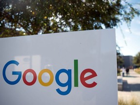 In this file photo taken Nov. 4, 2016 the Google sign and logo is pictured at the Googleplex in Menlo Park, Calif.