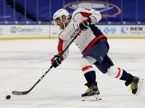 Washington Capitals left winger Alex Ovechkin takes a shot against the Buffalo Sabres at KeyBank Center.