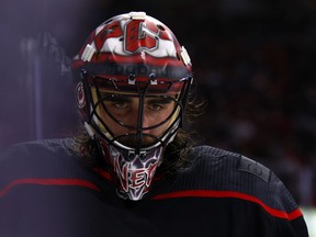 Alex Nedeljkovic of the Carolina Hurricanes looks on during the second period in Game 1  of the First Round of the 2021 Stanley Cup Playoffs against the Nashville Predators at PNC Arena on May 17, 2021 in Raleigh, N.C.