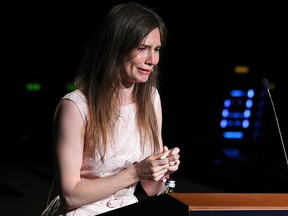 Amanda Knox, who has returned to Italy for the first time since being cleared of the murder of British student Meredith Kercher, cries as she speaks at the Criminal Justice Festival in Modena, Italy June 15, 2019.