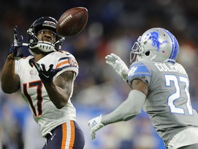 Anthony Miller of the Chicago Bears makes a catch against Justin Coleman of the Detroit Lions at Ford Field on November 28, 2019 in Detroit.