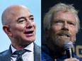 This combination of file pictures created on July 1, 2021 shows Blue Origin founder Jeff Bezos, left, and Virgin Group founder Sir Richard Branson.