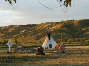A teepee is built on Cowessess First Nation, adjacent to where a search found 751 unmarked graves from the former Marieval Indian Residential School near Grayson, Saskatchewan, July 6, 2021.