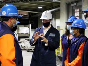 Prime Minister Justin Trudeau tours the Algoma Steel plant in Sault Ste. Marie, Ont. July 5, 2021.