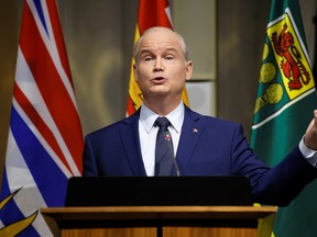 Conservative Party Leader Erin O'Toole speaks during a caucus meeting in Ottawa June 23, 2021.
