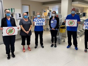 Staff members at the Cornwall Community Hospital celebrate the facility having no patients being treated for COVID-19 in the building as of July 2021 -- for the first time since the start of the pandemic.