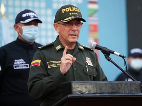 Colombia's National Police Director General Jorge Luis Vargas speaks during a news conference about the participation of several Colombians in the assassination of Haitian President Jovenel Moise, in Bogota, Colombia July 15, 2021.