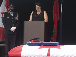 Margaret Northrup delivers a eulogy for her husband Toronto Police officer Jeffrey Northrup  at his funeral, in Toronto on Monday  July 12, 2021.