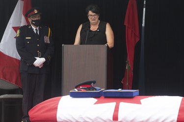 Margaret Northrup delivers a eulogy for her husband Toronto Police officer Jeffrey Northrup  at his funeral, in Toronto on Monday  July 12, 2021.