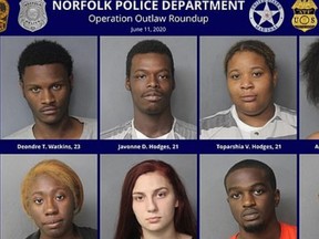 Police have charged 10 alleged members of the Outlaw Bloods in connection with a brutal attack on a single mom in Norfolk, Va. Six are shown here.