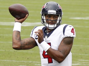 Quarterback Deshaun Watson of the Houston Texans passes against the Tennessee Titans at Nissan Stadium on Oct. 18, 2020 in Nashville.