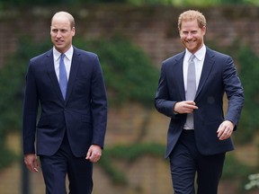 Prince William, The Duke of Cambridge, and Prince Harry, Duke of Sussex, attend the unveiling of a statue they commissioned of their mother Diana, Princess of Wales, in the Sunken Garden at Kensington Palace, London, July 1, 2021.