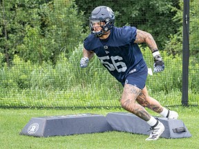 Rush end Shane Ray runs through a drill at Argonauts training in camp in Guelph on Thursday.