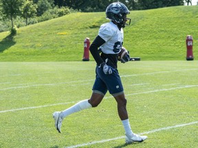 Wide receiver hopeful Damion Jeanpiere finishes a drill Thursday at Argonauts training camp in Guelph.