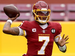 Quarterback Dwayne Haskins of the Washington Football Team looks to pass against the Seattle Seahawks at FedExField on December 20, 2020 in Landover, Maryland.