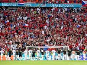 Czech Republic players celebrate with the fans after the team's Euro 2020 match against the Netherlands at Puskas Arena in Budapest, June 27, 2021.