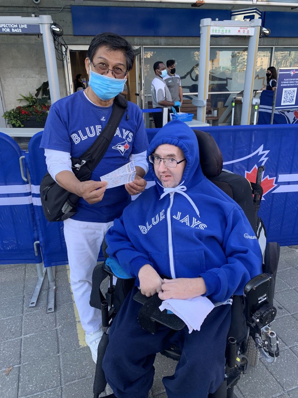 Superfan Eli Shupak (right) and his support friend Haime Gusman (right) were among the lucky 15,000 fans who enjoyed the return of Toronto Blue Jace to the Rogers center on Friday, July 31, 2021.