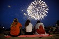 People watch  fireworks fly over Ashbridges Bay during Canada Day festivities, on July 1, 2019 in Toronto.