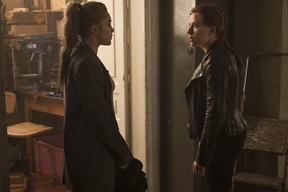 Florence Pugh and Scarlett Johansson during their first scene together in Black Widow.