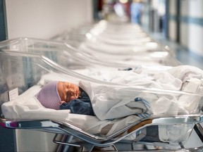 Newborn baby boy in his small transparent portable hospital bed.