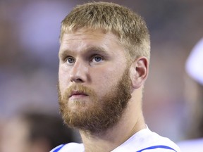 Braden Smith of the Indianapolis Colts watches the action during the game against the Cincinnati Bengals at Paul Brown Stadium on Aug. 29, 2019 in Cincinnati, Ohio.