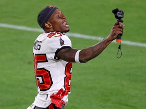 Jaydon Mickens of the Tampa Bay Buccaneers records himself following their win over the Kansas City Chiefs 31-9 in Super Bowl LV at Raymond James Stadium on Feb. 7, 2021 in Tampa, Fla.
