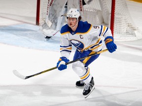 Jack Eichel of the Buffalo Sabres skates against the New Jersey Devils at Prudential Center on February 23, 2021 in Newark, New Jersey.