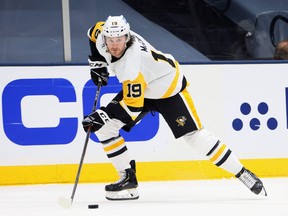Jared McCann of the Pittsburgh Penguins skates against the New York Islanders in Game 6 of the First Round of the 2021 Stanley Cup Playoffs at the Nassau Coliseum on May 26, 2021 in Uniondale, N.Y.