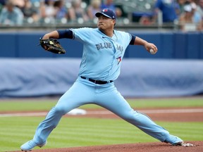 Blue Jays starter Hyun Jin Ryu pitches during the first inning against the Rangers in the first game of a doubleheader at Sahlen Field in Buffalo, N.Y., Sunday, July 18, 2021.