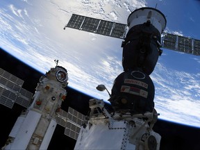 The Nauka (Science) Multipurpose Laboratory Module is seen docked to the International Space Station (ISS) next to next to Soyuz MS-18 spacecraft on July 29, 2021.