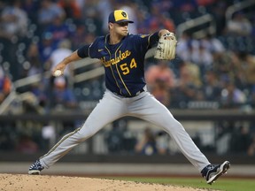 Brewers relief pitcher Jake Cousins pitches against the Mets during the fifth inning at Citi Field in New York City, July 7, 2021.
