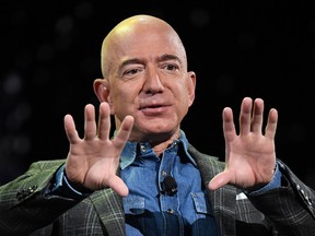 Amazon founder and CEO Jeff Bezos addresses the audience during a keynote session at the Aria Hotel in Las Vegas on June 6, 2019.