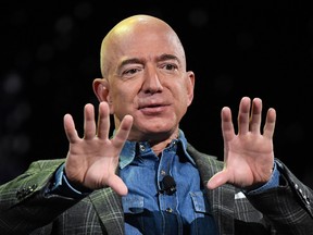 In this file photo Amazon founder and CEO Jeff Bezos addresses the audience during a keynote session at the Aria Hotel in Las Vegas on June 6, 2019.