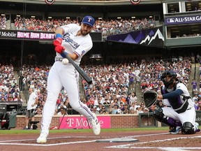 Joey Gallo of the Texas Rangers bats during the 2021 T-Mobile Home Run Derby at Coors Field on July 12, 2021 in Denver, Col.